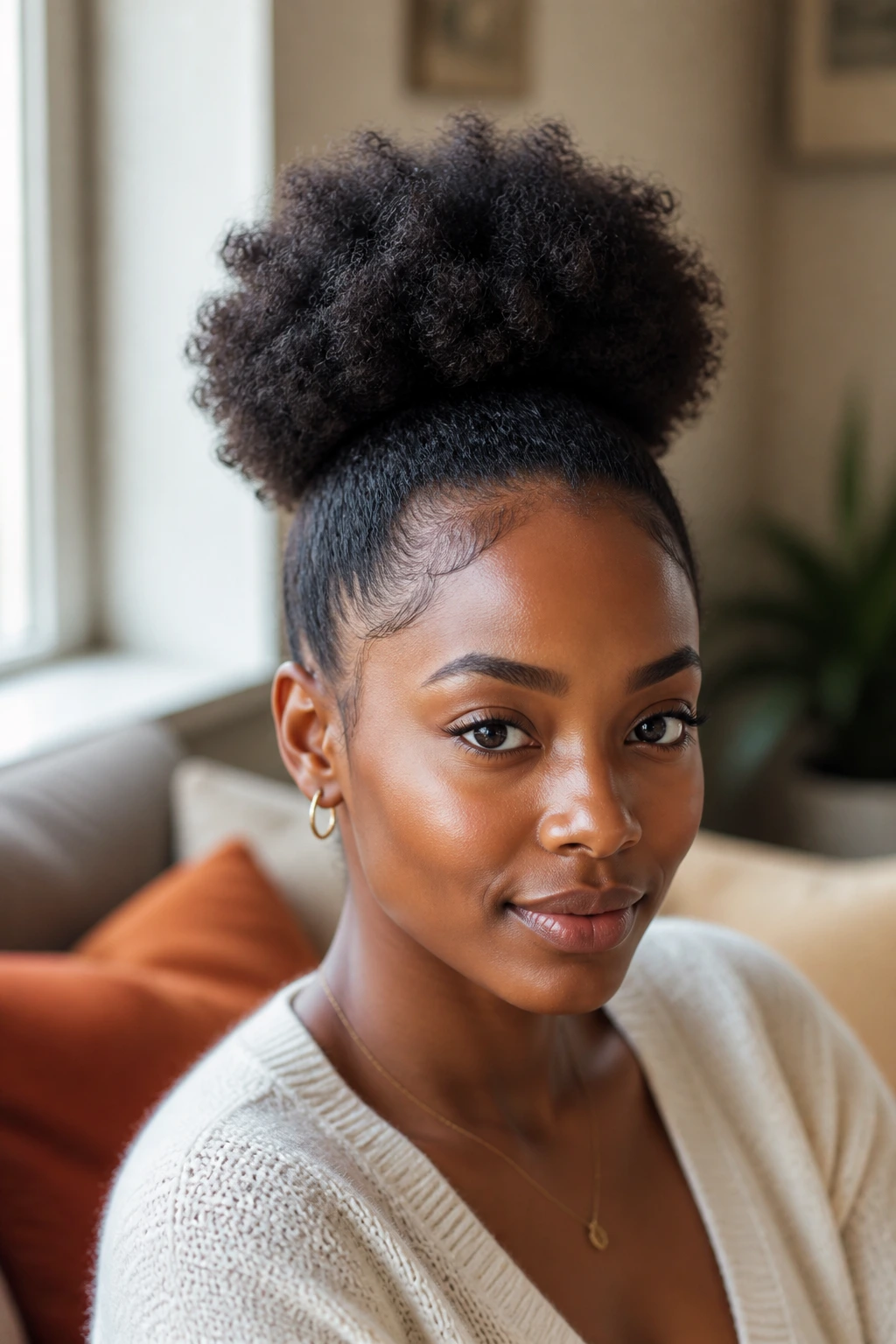 Close-up of a real woman with a high puff for 4C hair in natural light