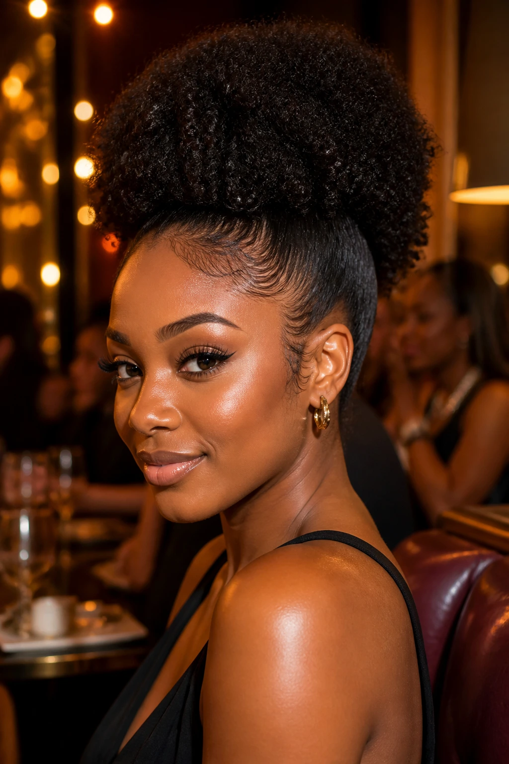 Close-up of a woman with a sculpted high puff Afro updo in a date-night setting