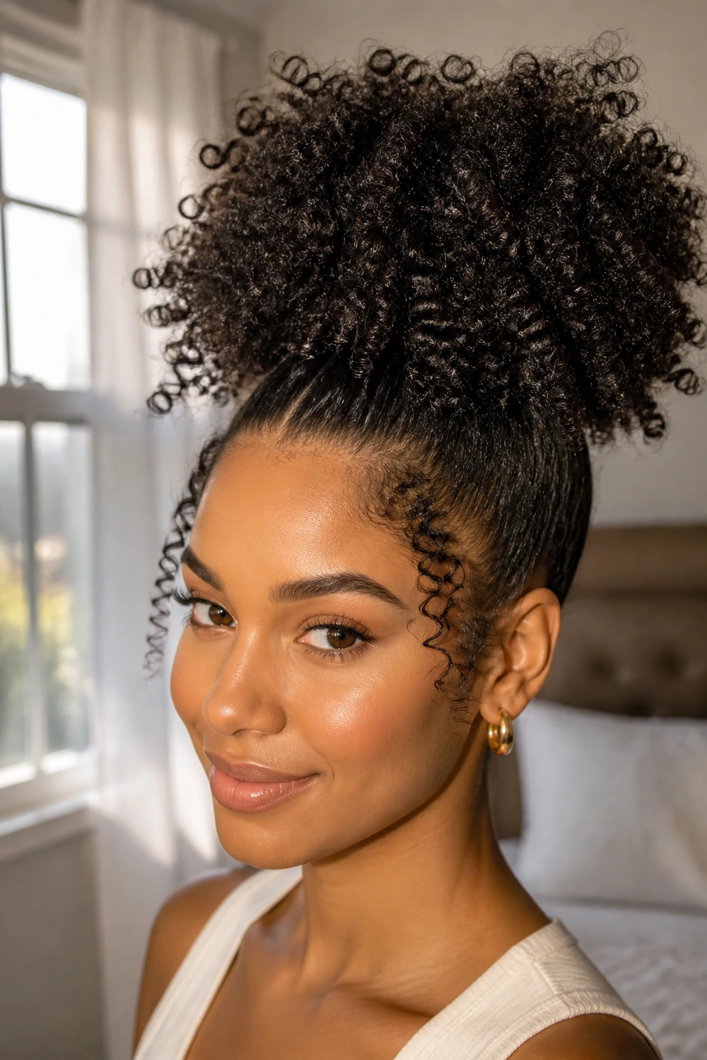 Close-up of a real woman with a high puff hairstyle and stretched roots