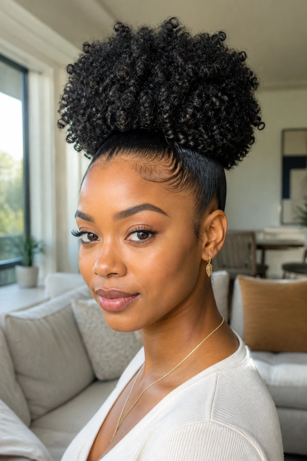 Close-up of a real person with a high puff and smooth gel base