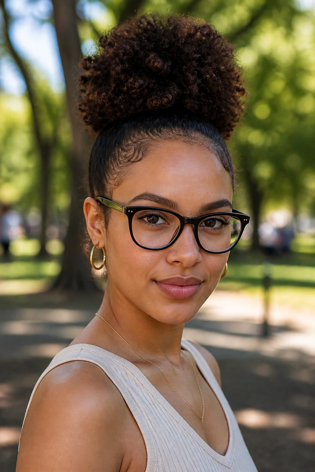 Close-up portrait of a real person with a high puff and glasses