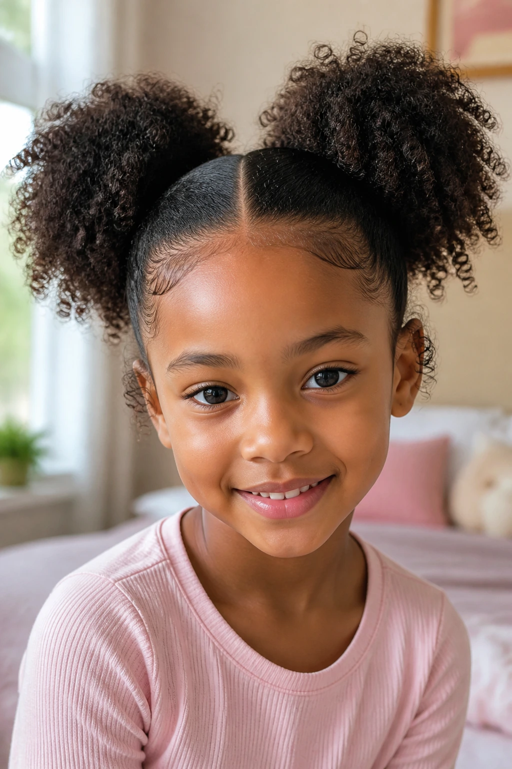 Close-up portrait of a young girl with two high puff pigtails and a clean center part