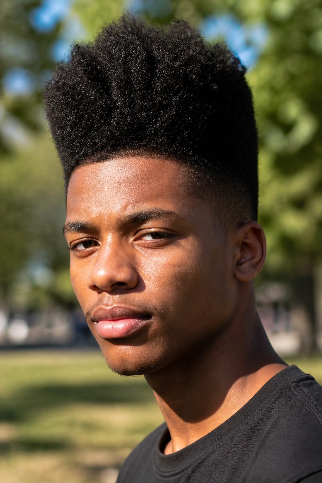 Close-up portrait of a real person with a high-top tapered afro and a tall crown in an outdoor setting