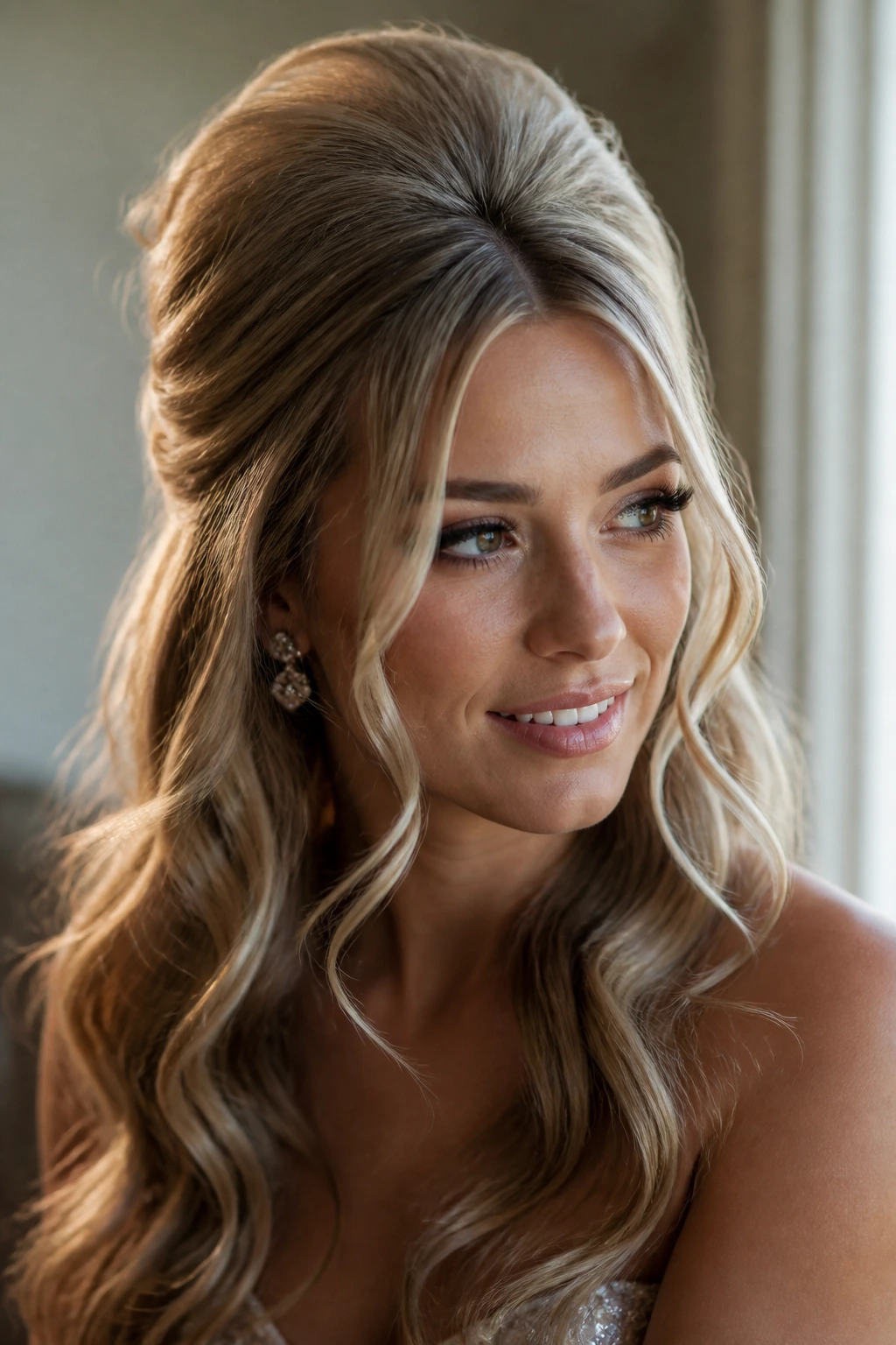 Close-up of a woman with a high-volume crown half-up and face-framing waves