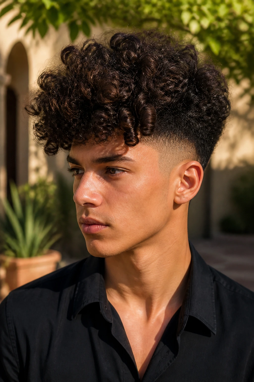 Close-up of a real person with high-volume curly undercut and tall curl crown