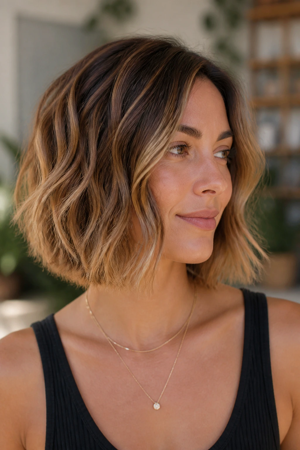 Real woman with honey balayage wavy bob