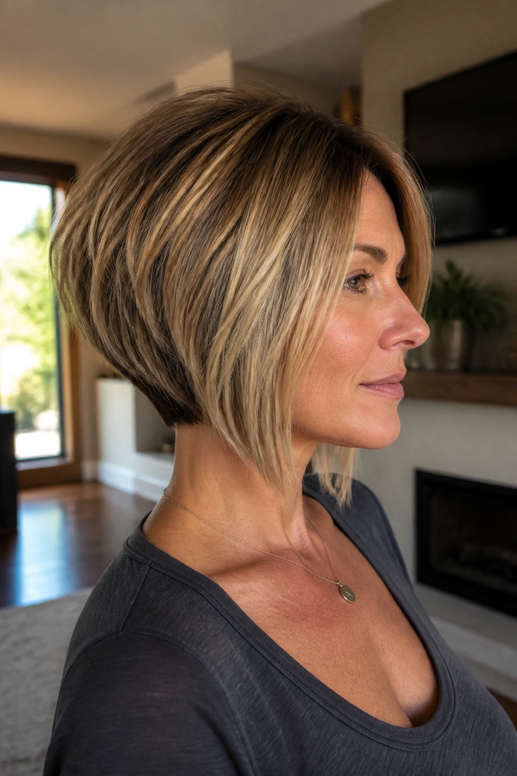 Real person with inverted bob and heavy back layers in warm daylight