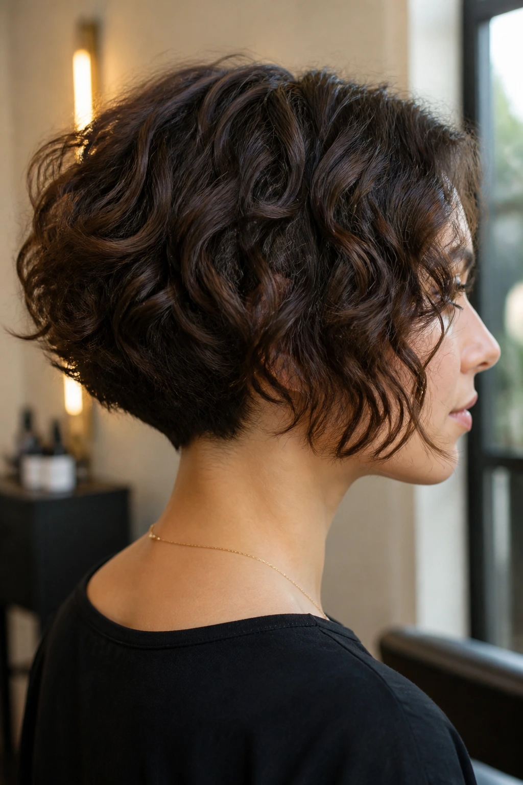 Close-up portrait of a real woman with inverted bob curly hairstyle