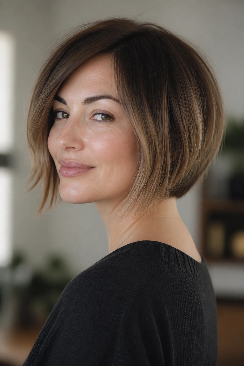 Close-up of a real woman with an inverted bob: short back, longer airy front, soft graduation, warm window light