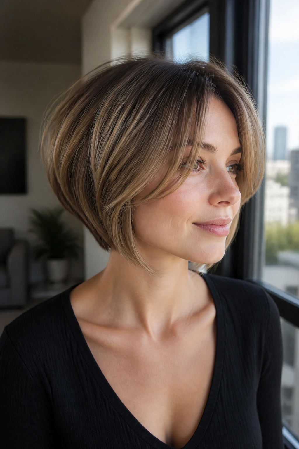 Close-up of a real woman with inverted bob and light layers curtains