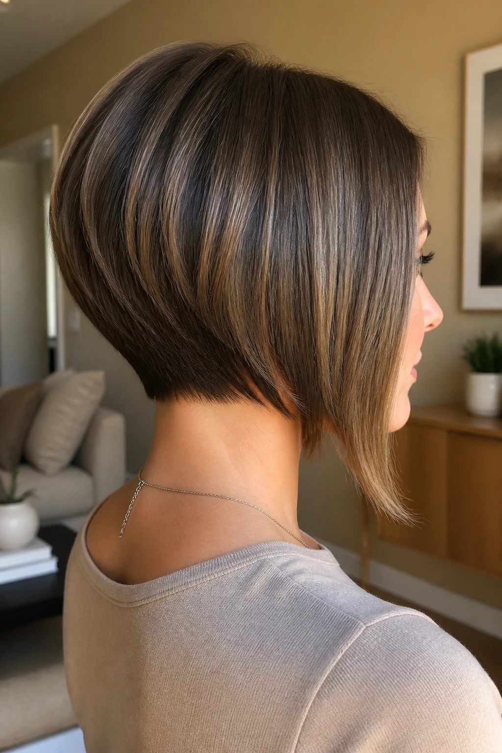 Back/side portrait showing inverted bob with nape lift on a real person