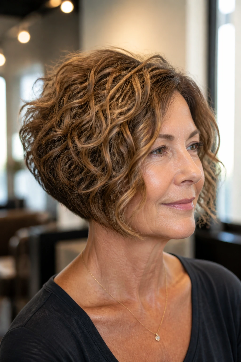Three-quarter portrait of a real woman with an inverted bob and stacked volume perm