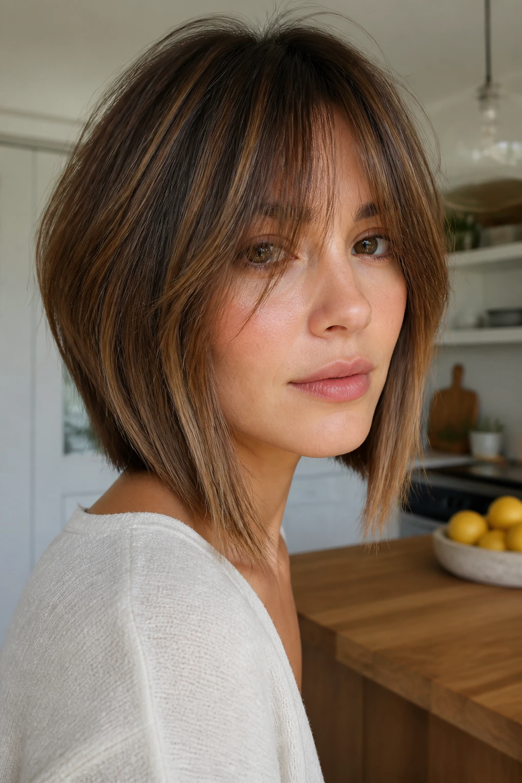 Portrait of a real person with inverted lob and grown-out bangs in a bright kitchen