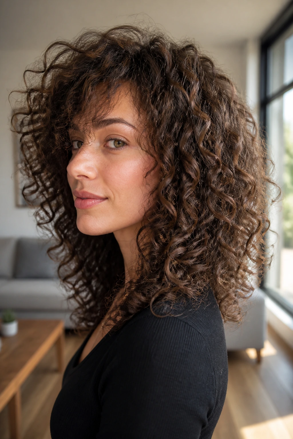 Close-up portrait of a real woman with invisible internal layers in curly hair