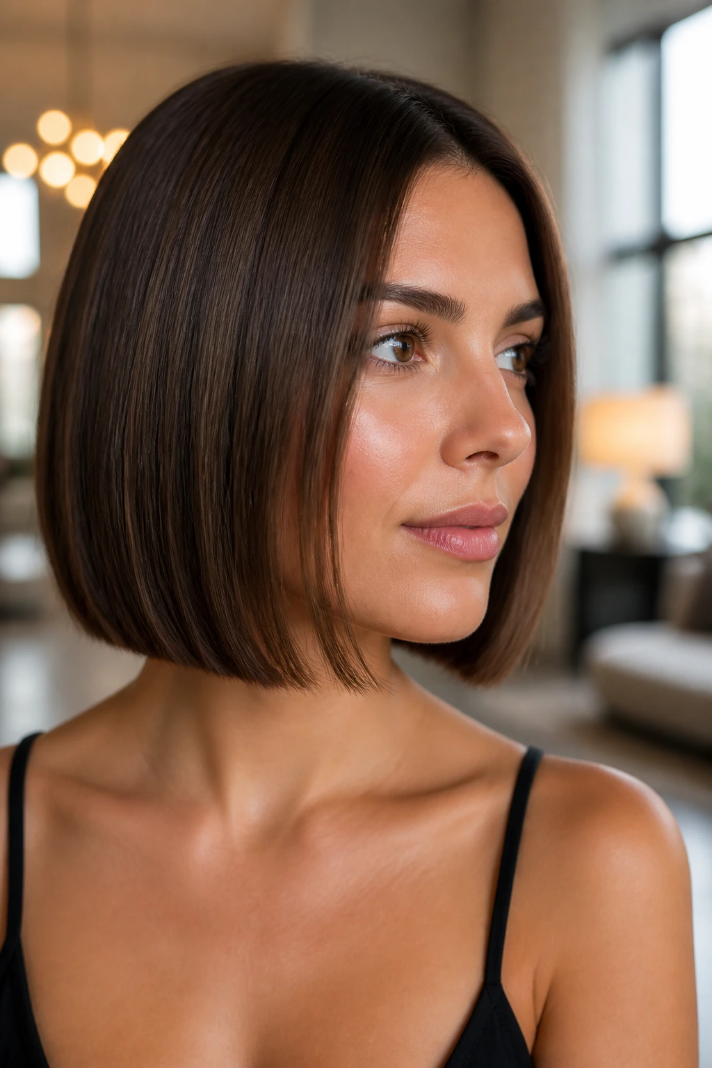 Portrait of a woman with an invisible-layer bob showing smooth outer silhouette.