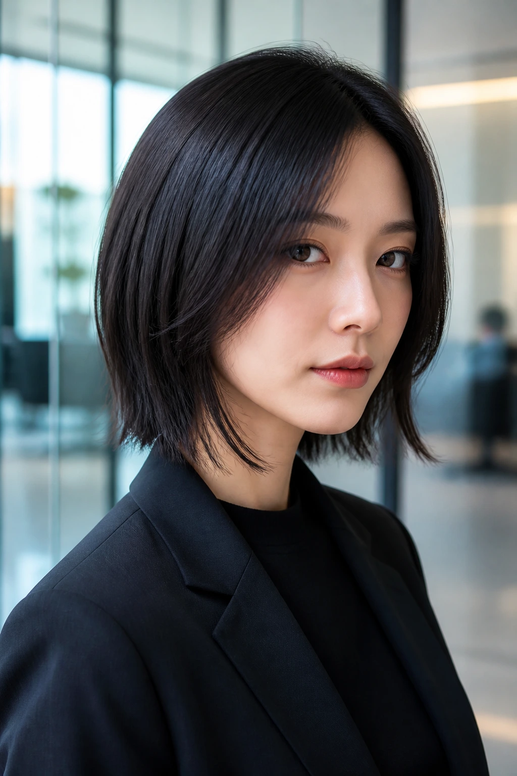Close-up portrait of real woman with sleek wolf cut bob and invisible layers