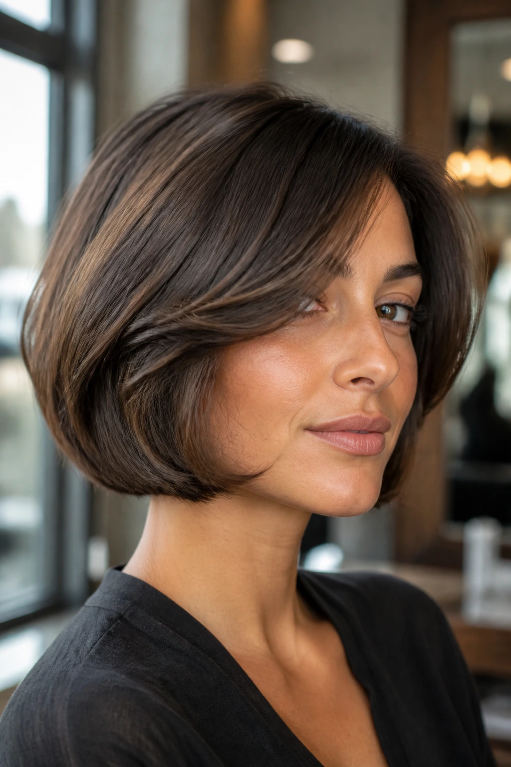 Close-up of a real woman with an Italian bob and sweeping fringe