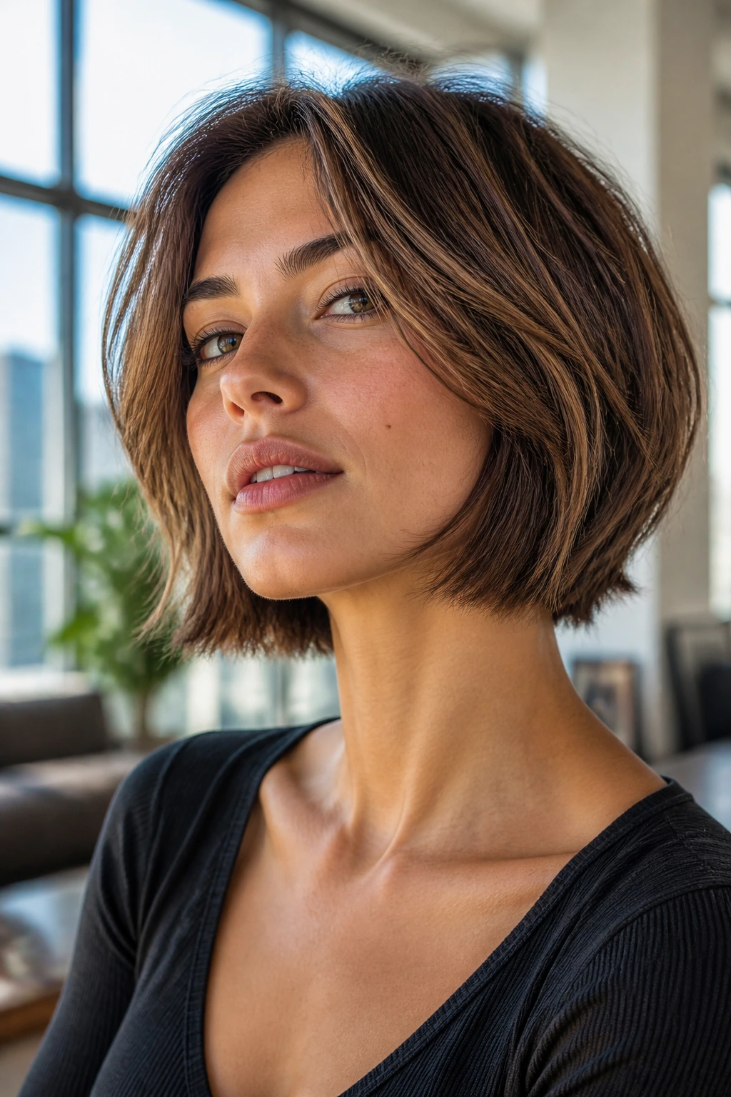 Close-up of a real woman with a jaw-grazing layered bob and visible texture.