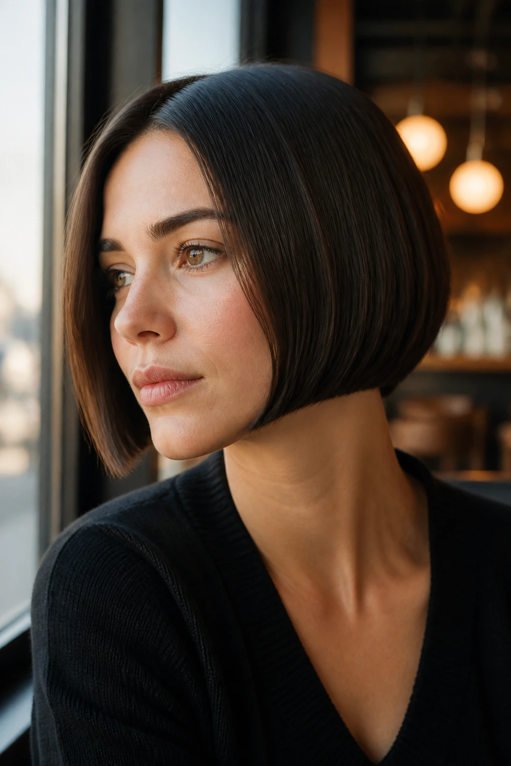 Close-up portrait of a real woman with a jaw-grazing micro bob