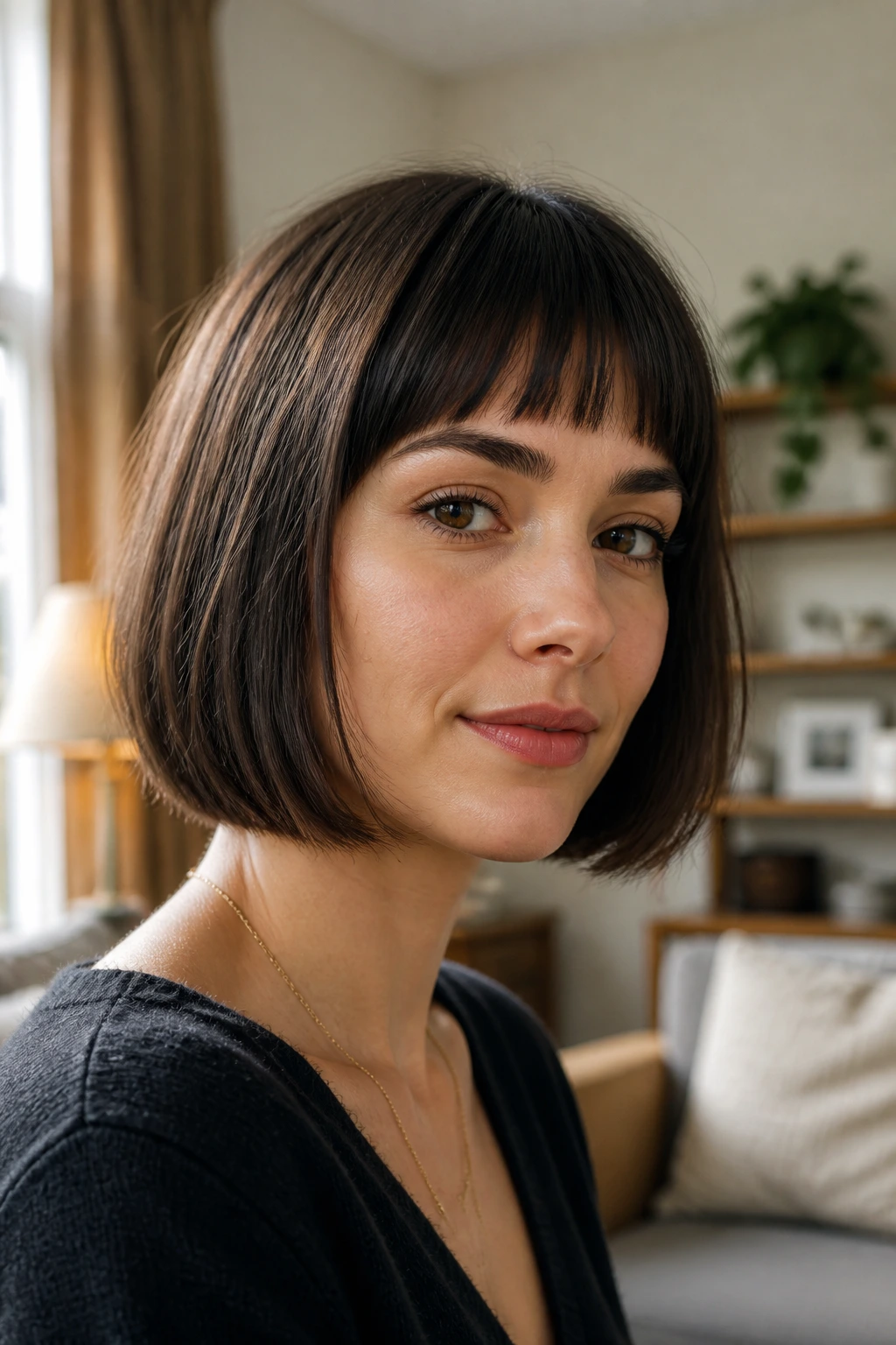 Close-up portrait of a real woman with a jaw-length bob and narrow fringe in warm window light