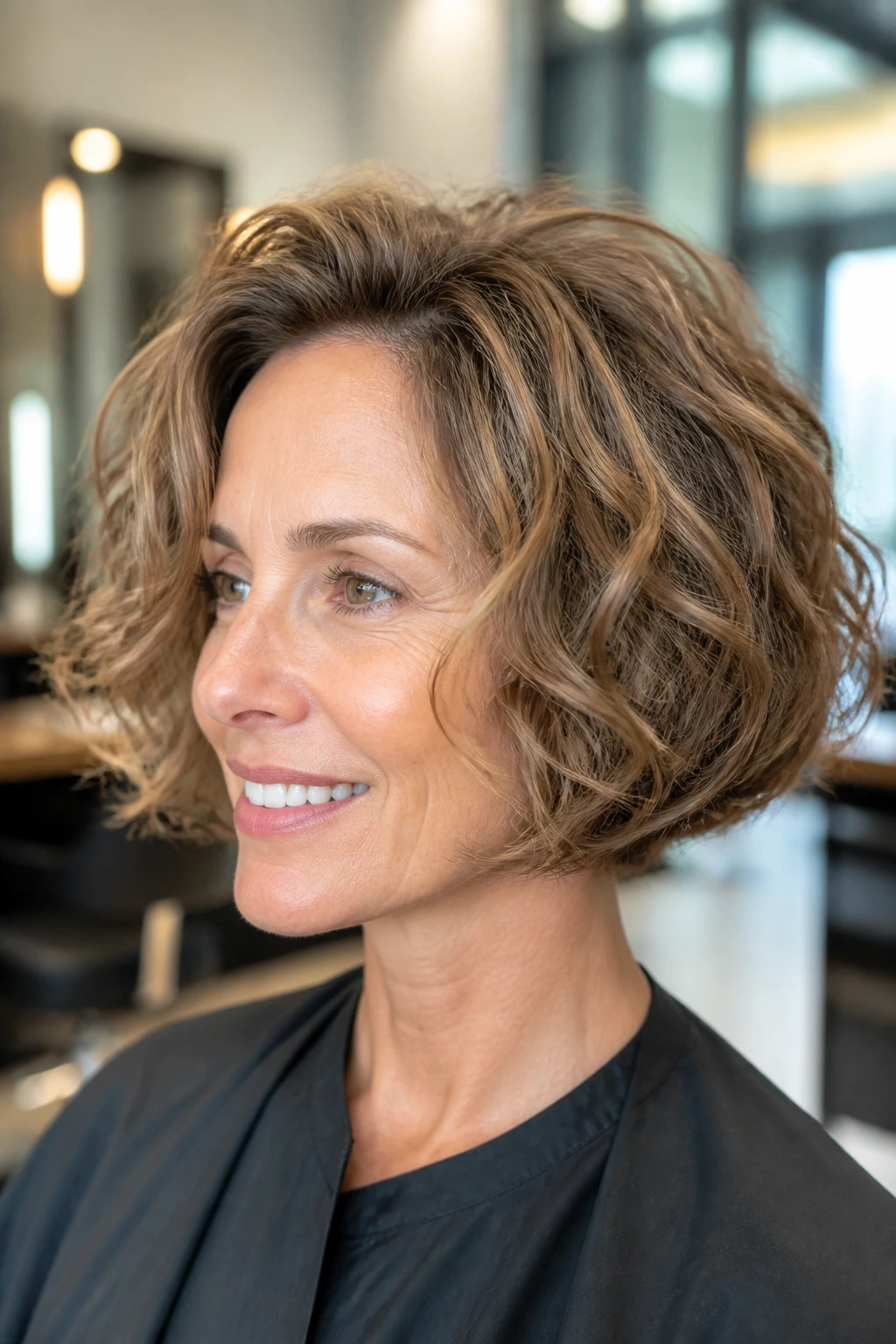 Portrait of a real woman with jaw-length layered bob and root-lift perm