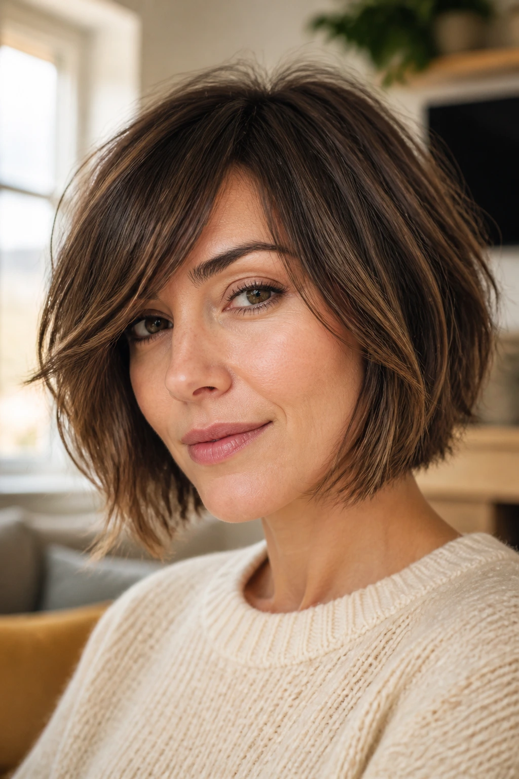 Close-up portrait of a real woman with a jaw-length wispy bob and deep side bangs in soft window light