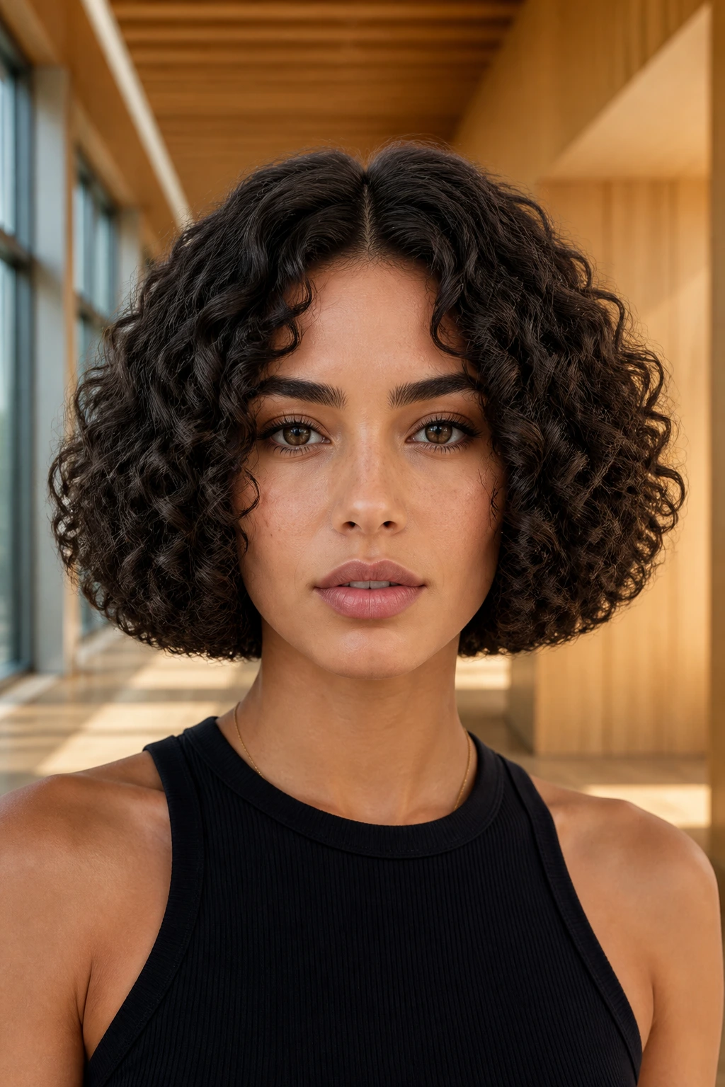 Close-up of a real woman with a jaw-length box bob and crisp edge.