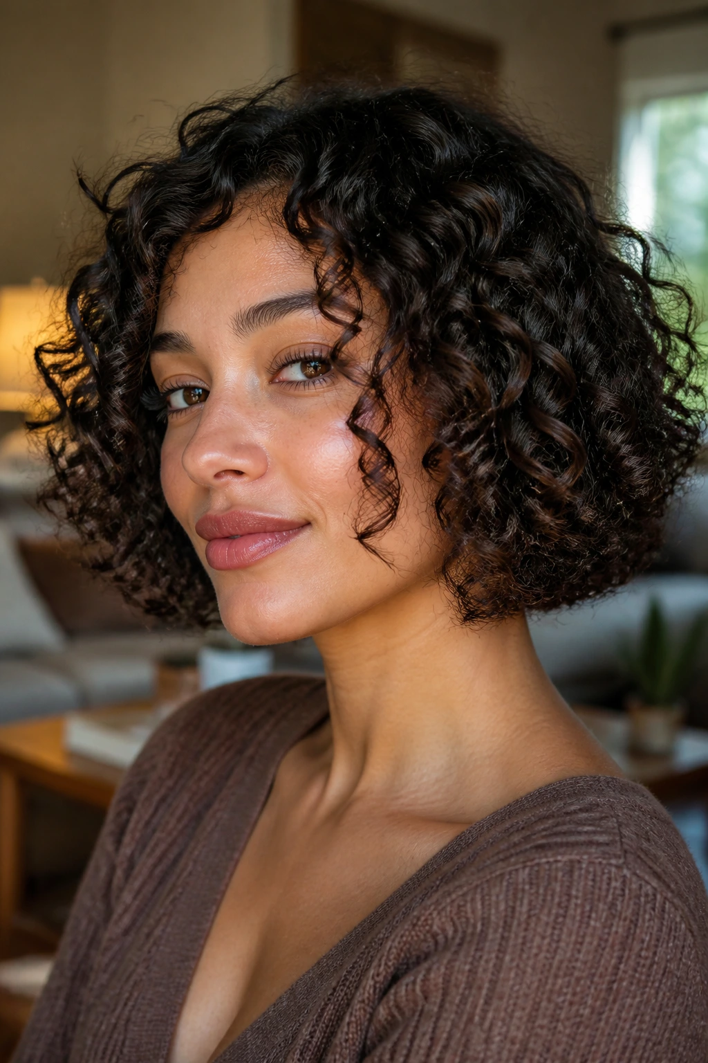 Close-up of a real woman's jaw-length curly bob with soft internal layers.