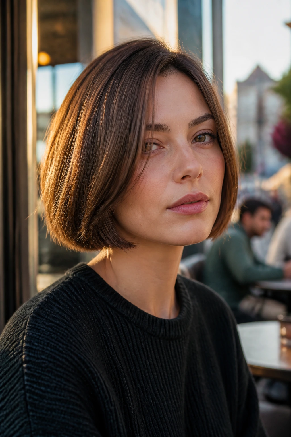 Real woman with jawline-length bob featuring chipped perimeter