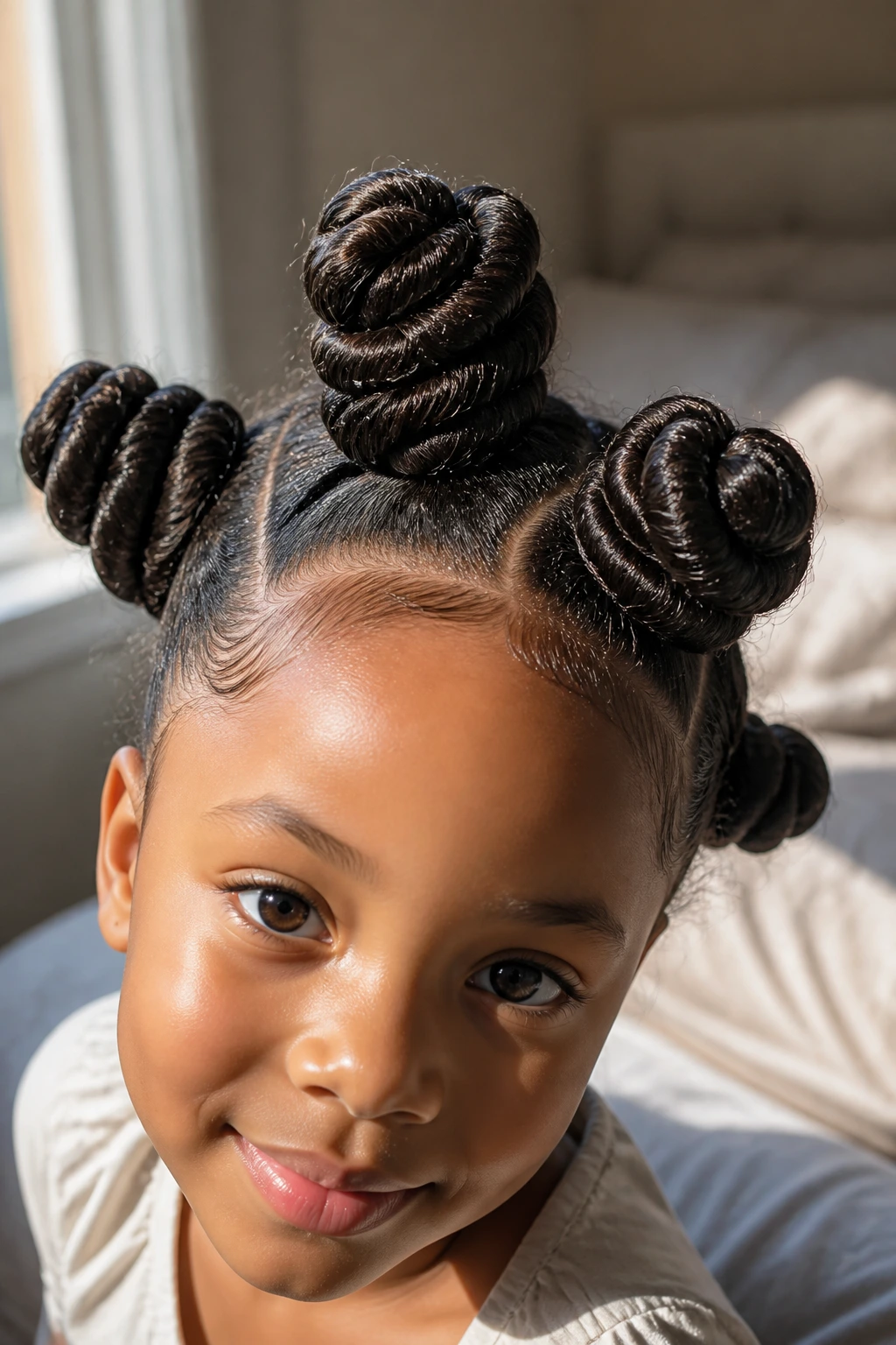 Close-up of a child with jumbo bantu knots prominently displayed in a cozy bedroom