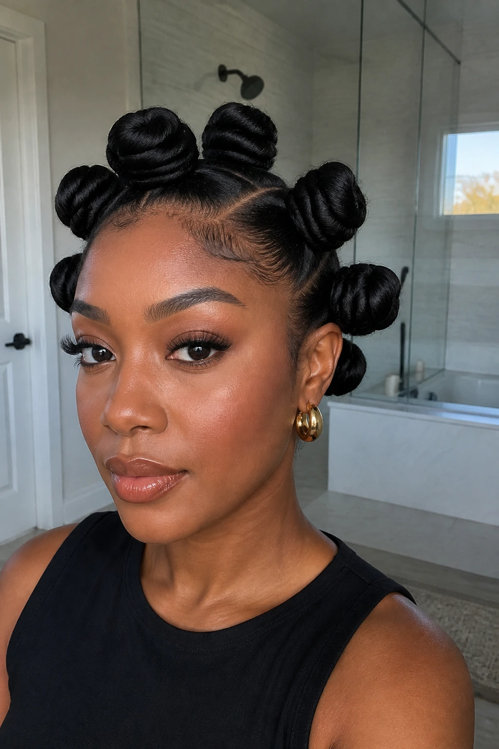Close-up of a real woman wearing jumbo Bantu knots in relaxed hair