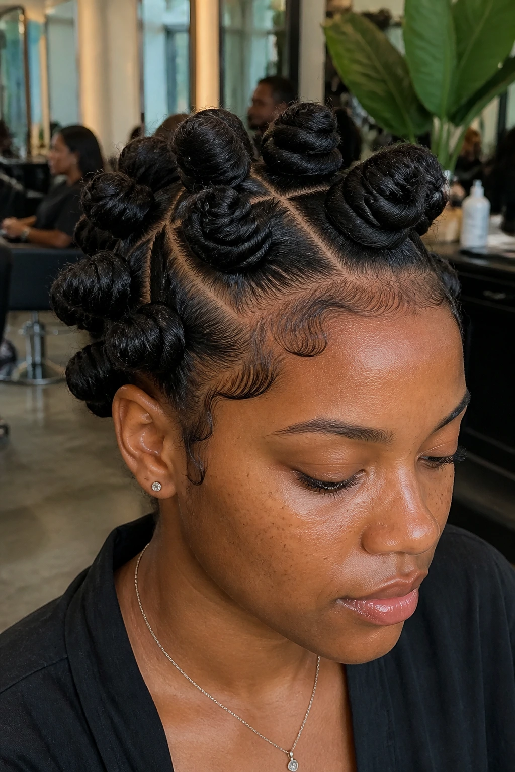 Real person with jumbo crown Bantu knots and soft edges on the hairline.