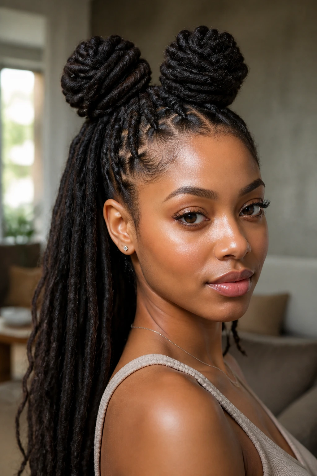 Close-up portrait of a real person with two jumbo front bantu knots and loose back length under natural window light