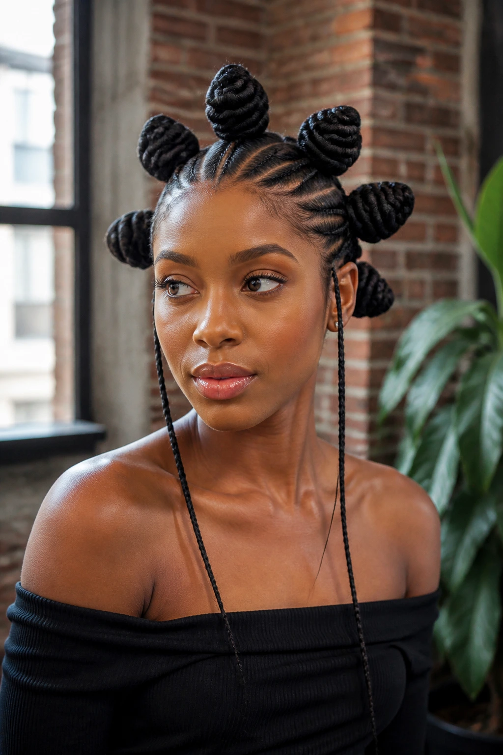 Close-up of jumbo knot buns with slim feed-in braids on a real person