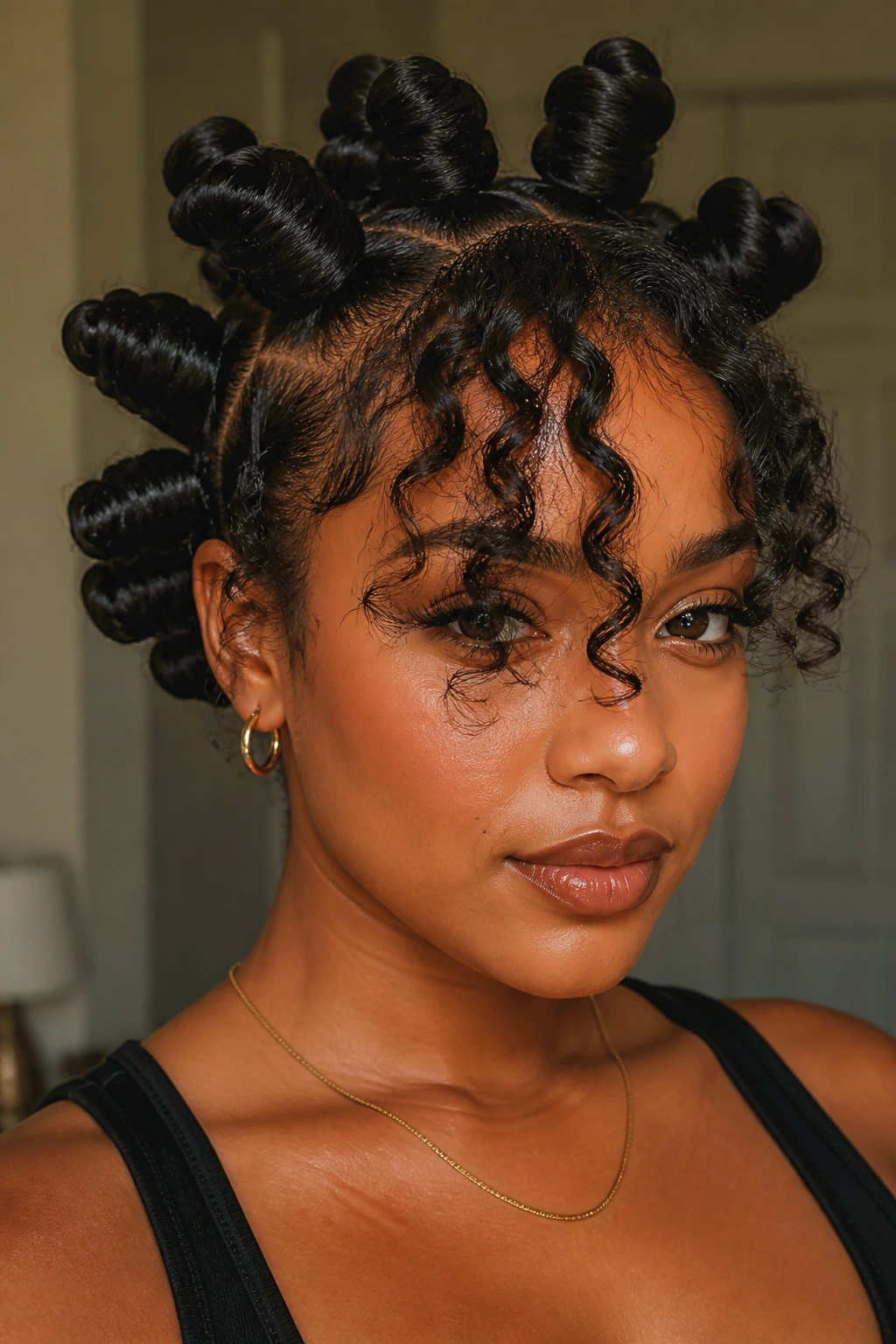 Jumbo knots with curly leave-out bangs close-up portrait