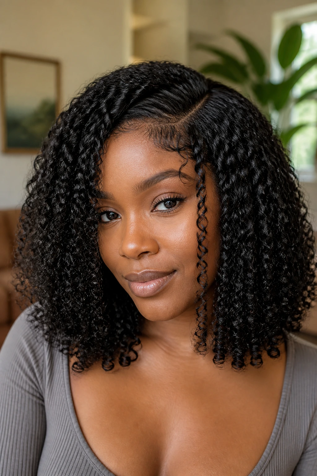 Close-up portrait of a real woman wearing a shoulder-grazing kinky curl wig with face-framing pieces.
