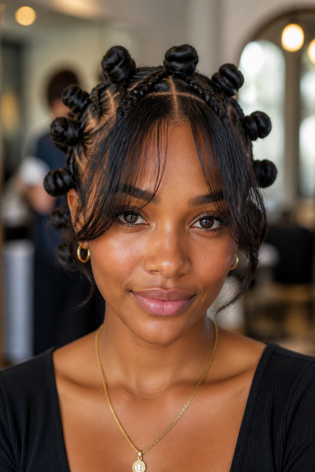 Close-up of a real person with knot-and-braid mix and curtain bangs in a stylish salon.