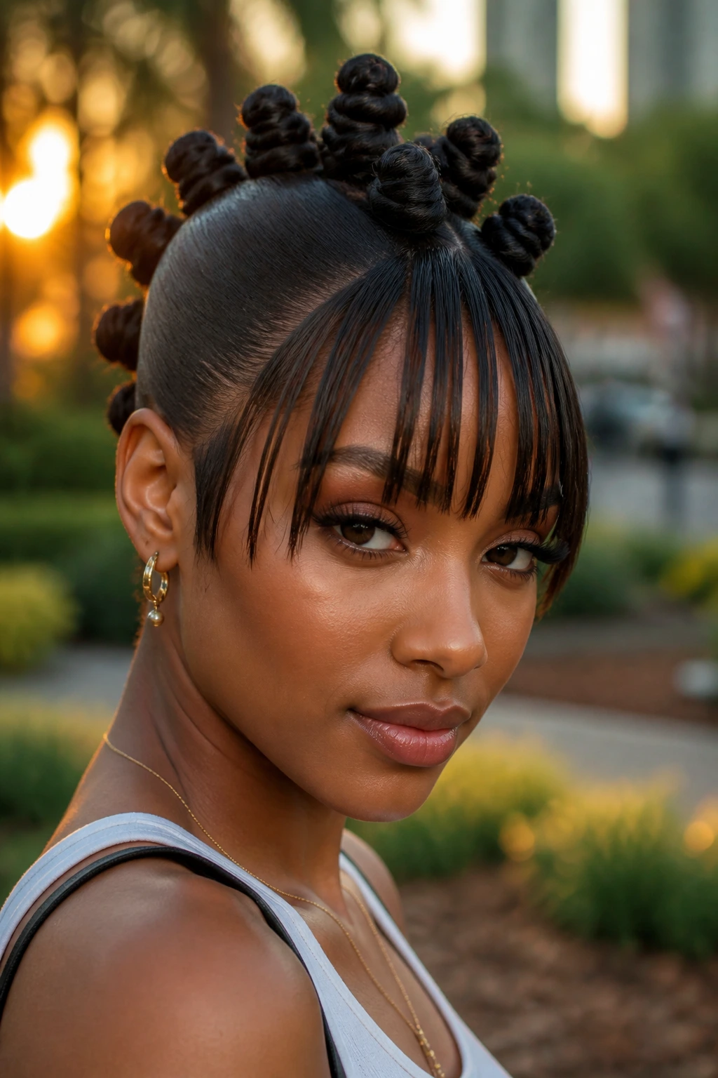 Close-up of a person with knot mohawk and tapered bangs