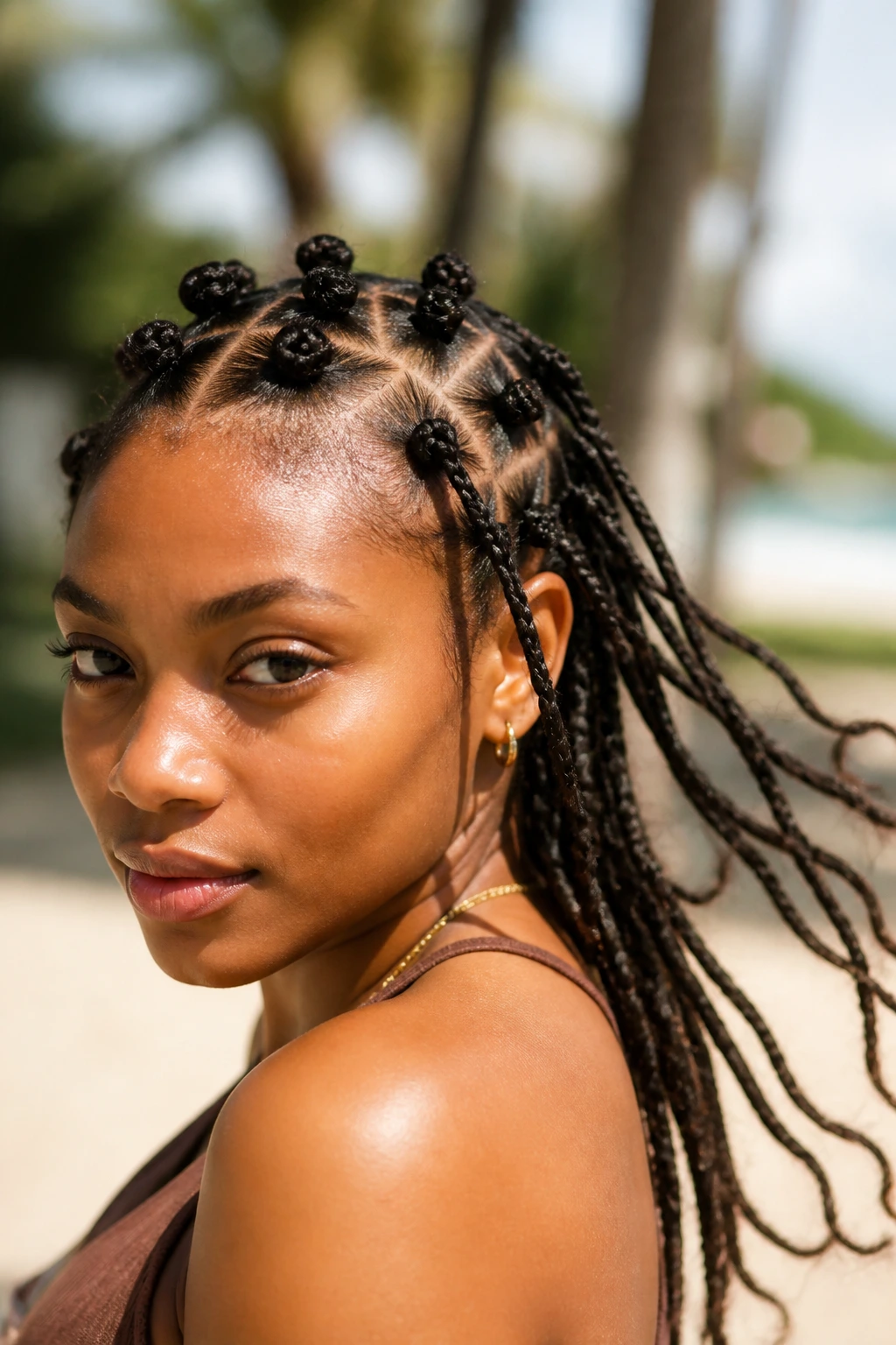 Close-up of a real person with knot rows and loose ends for a vacation-ready style