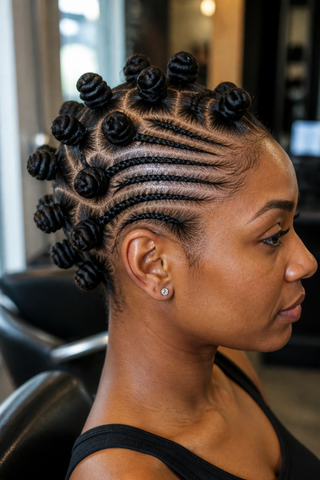 Close-up of a real person with tapered knots and clean side cornrows