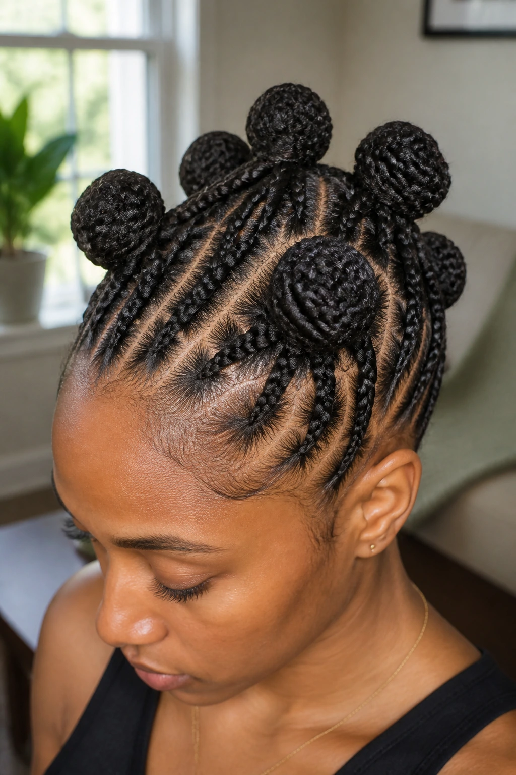 Knotless braids gathered into puffed knots at the crown on a real person