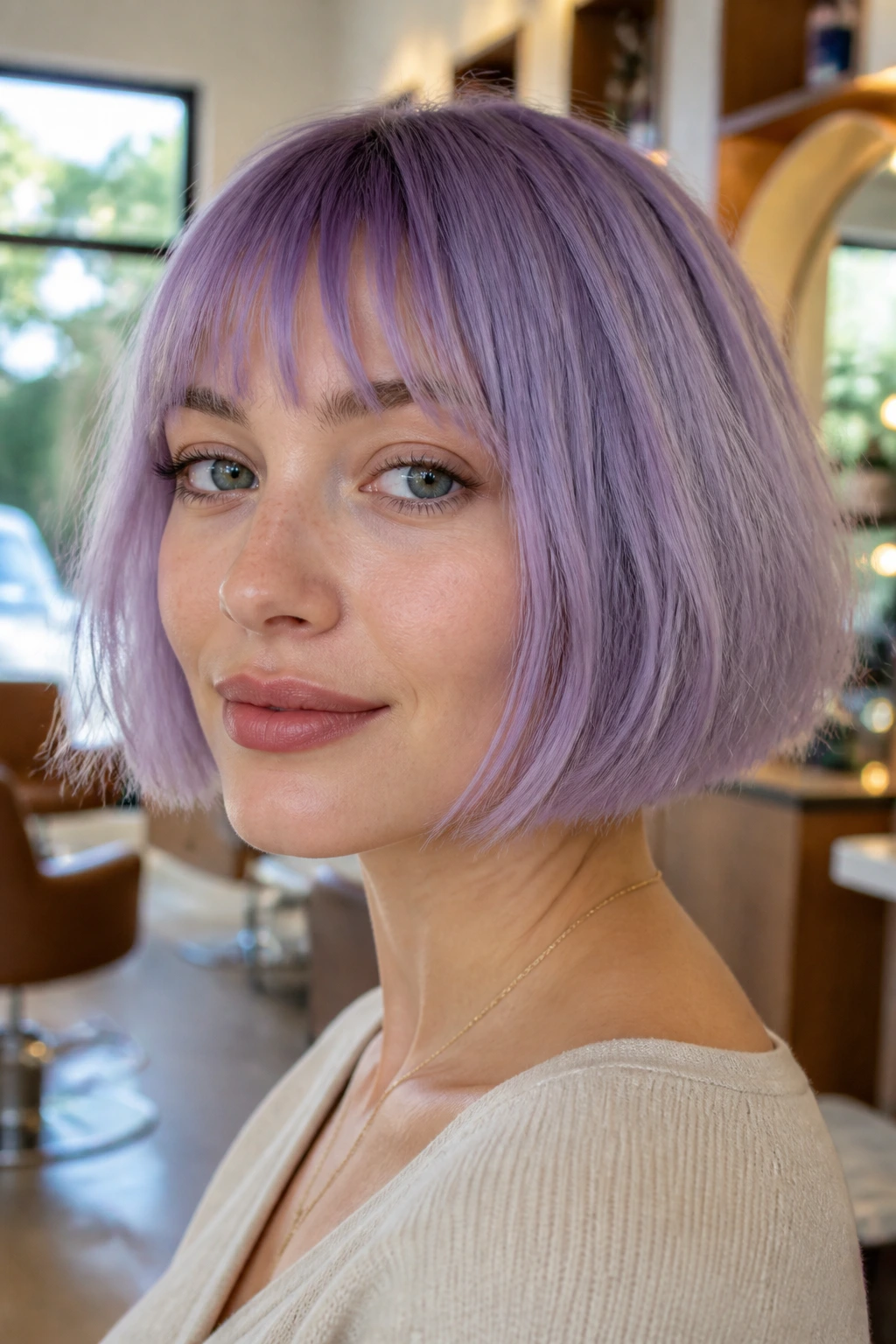 Close-up of a real person with a lavender bob and wispy fringe