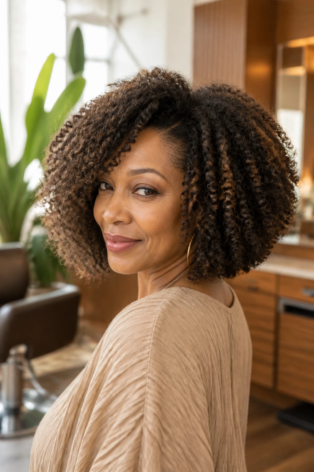 Medium close-up of a woman with a layered afro bob showing swingy layers