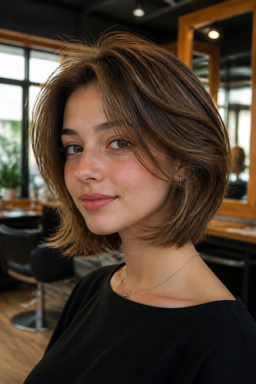 Close-up of a real teen girl with a layered bob and airy volume in a sunlit salon