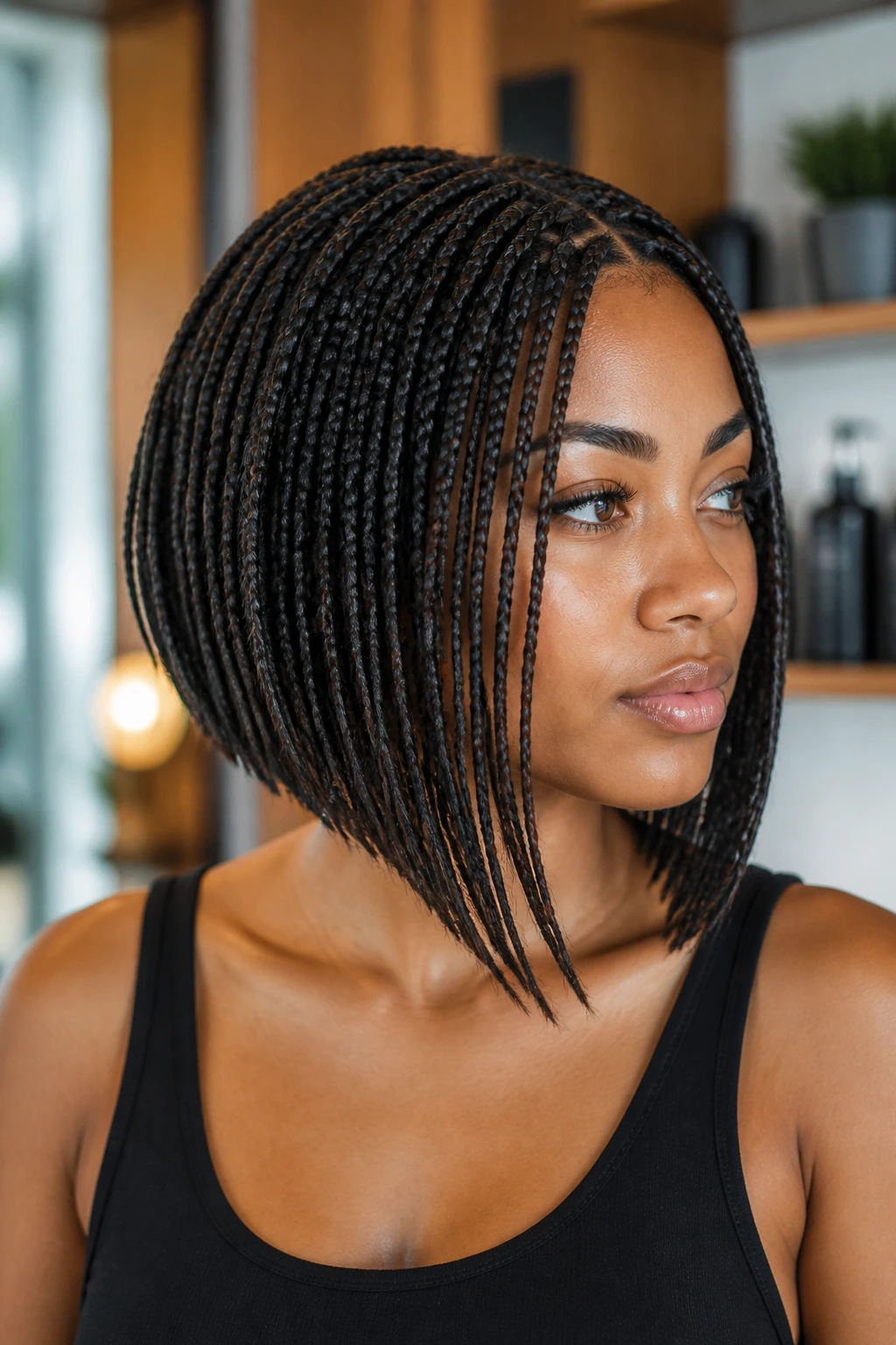 Close-up of a real woman with layered angled bob braids and face-framing corners in a cozy salon setting