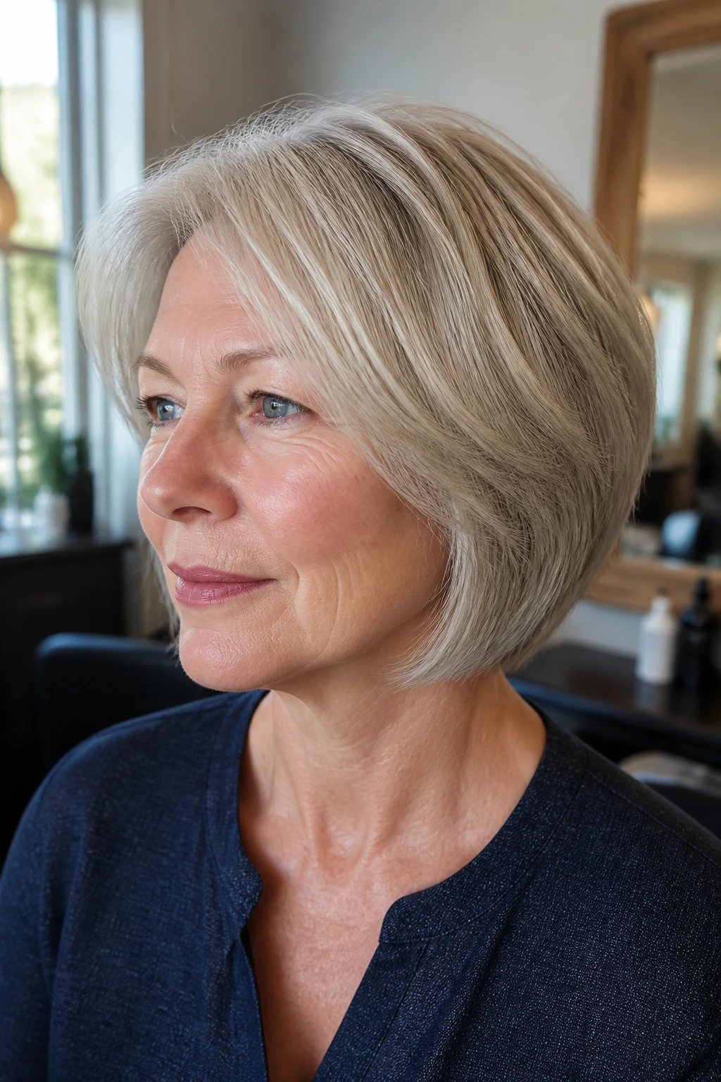 Portrait of a real woman with a layered bob for fine hair in bright home lighting.