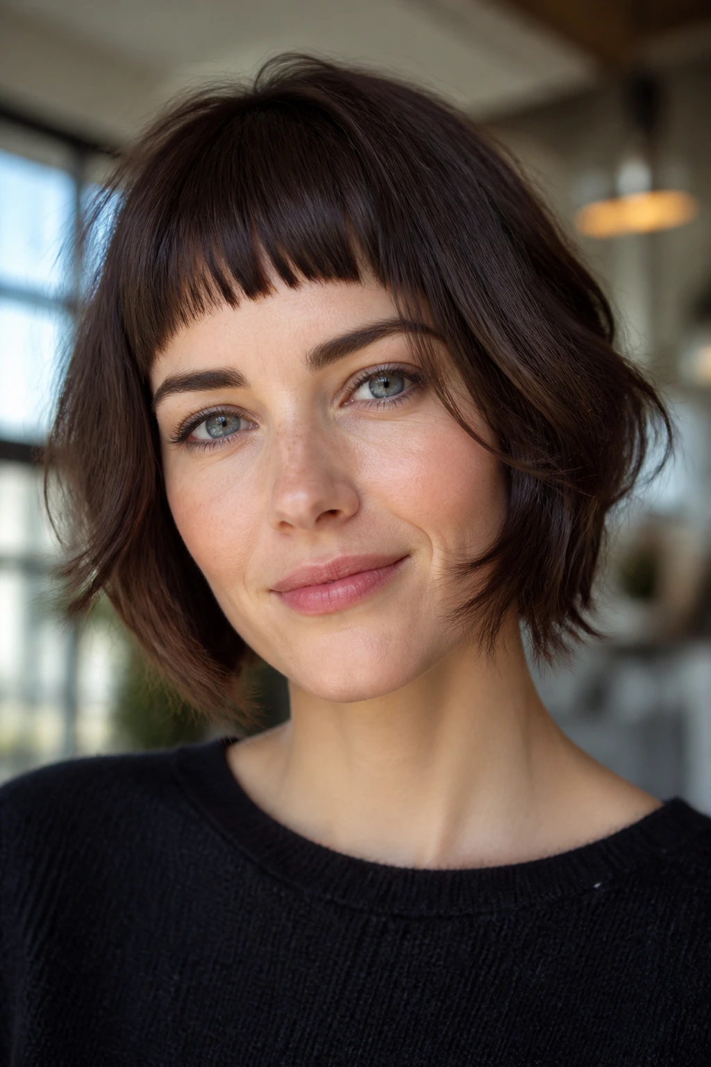 Close-up portrait of a real woman with layered bob and micro bangs