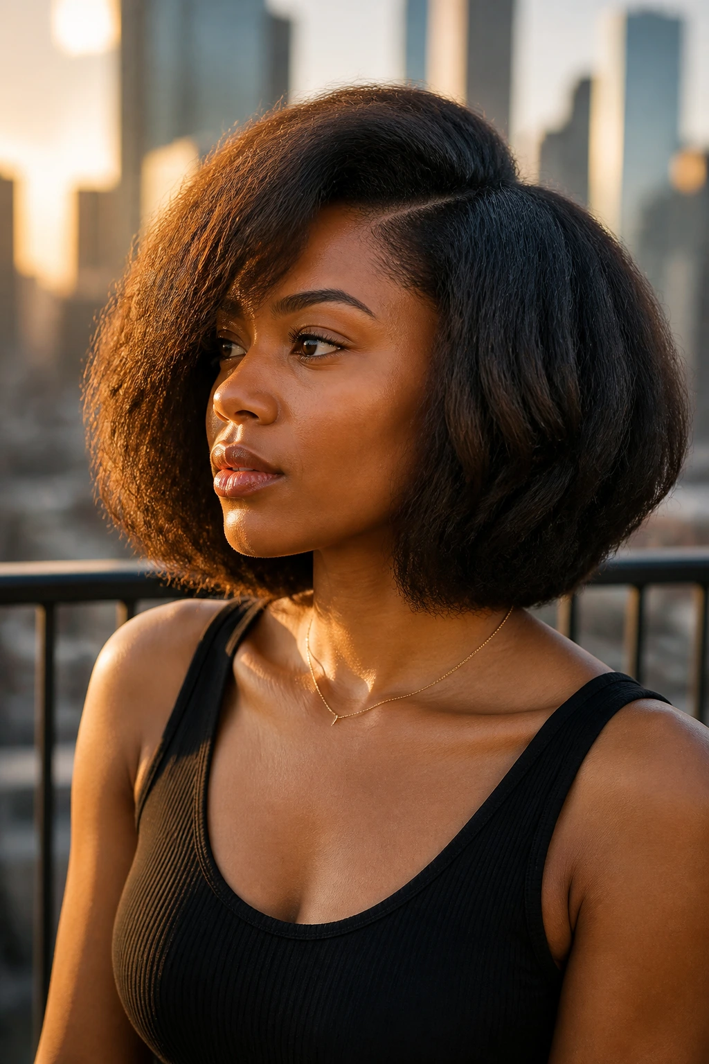 Medium close-up of a real person with a layered bob on thick natural hair outdoors at golden hour