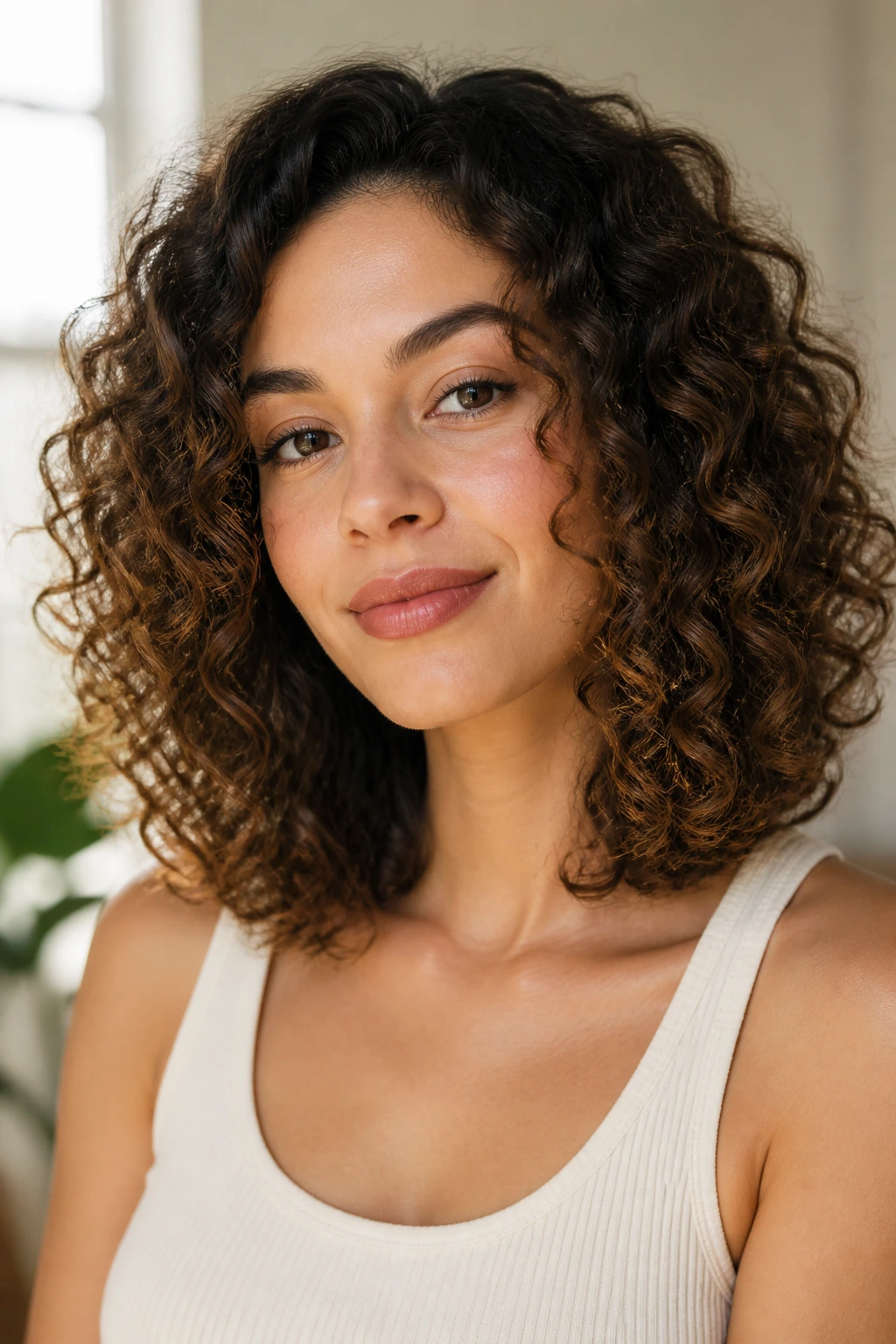 Close-up of a real woman with a layered collarbone-length lob.