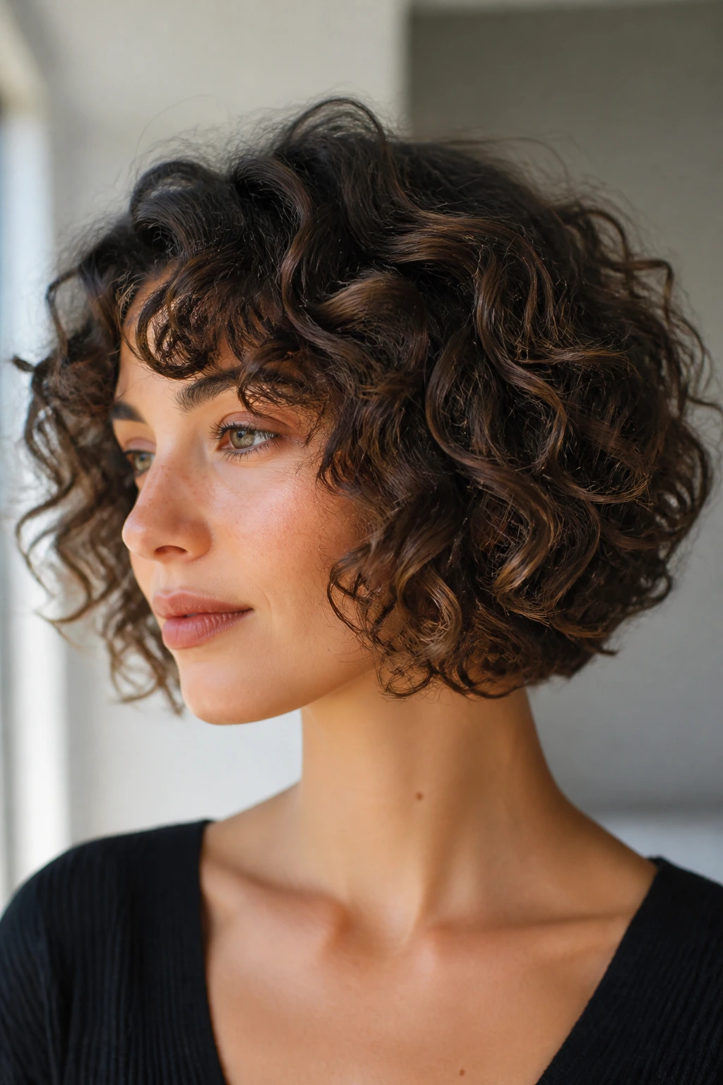 Close-up portrait of a real person with a layered curly bob showing lift and bounce.